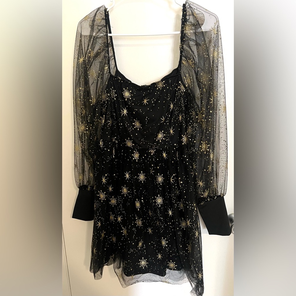 Black and Gold Star Mesh Prom Dress